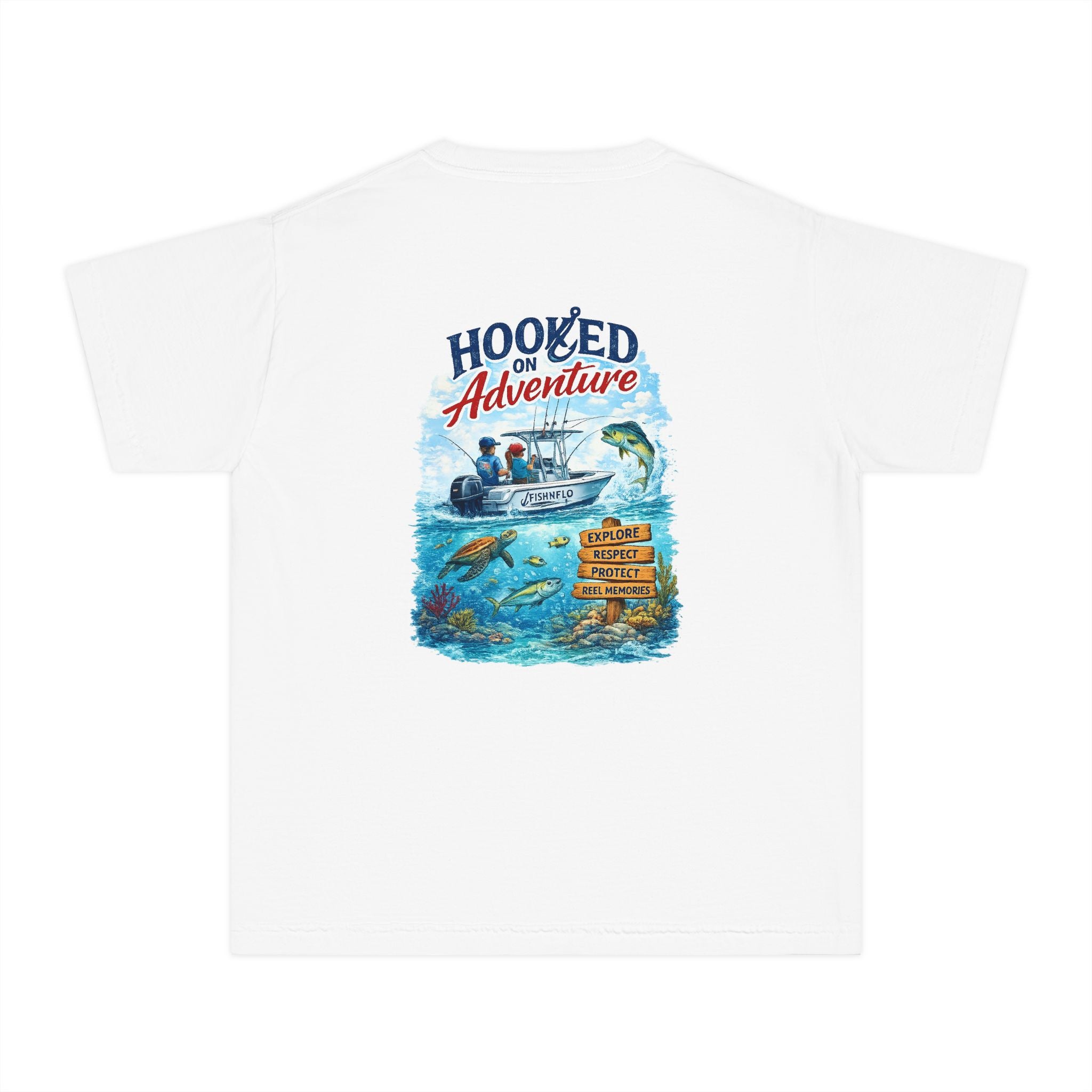 Hooked on Adventure Youth Tee – Fishing Boat & Underwater Scene