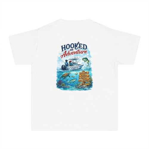 Hooked on Adventure Youth Tee – Fishing Boat & Underwater Scene